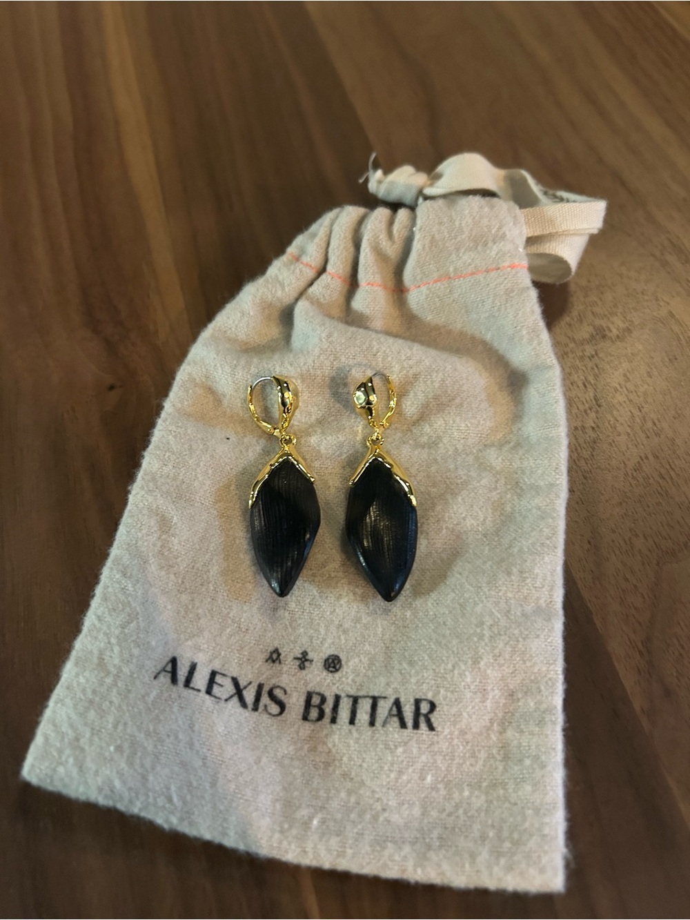Alexis Bittar Black and Gold Leaf Drop Earrings